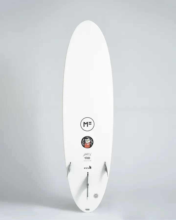 MF Alley cat epoxy lam FCSII surfboard white bottom view.webp