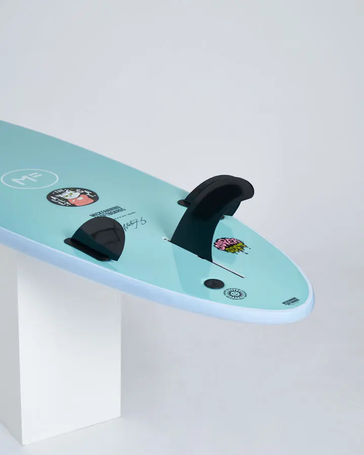 MF Alley cat super soft surfboard Sky-Teal fins.webp