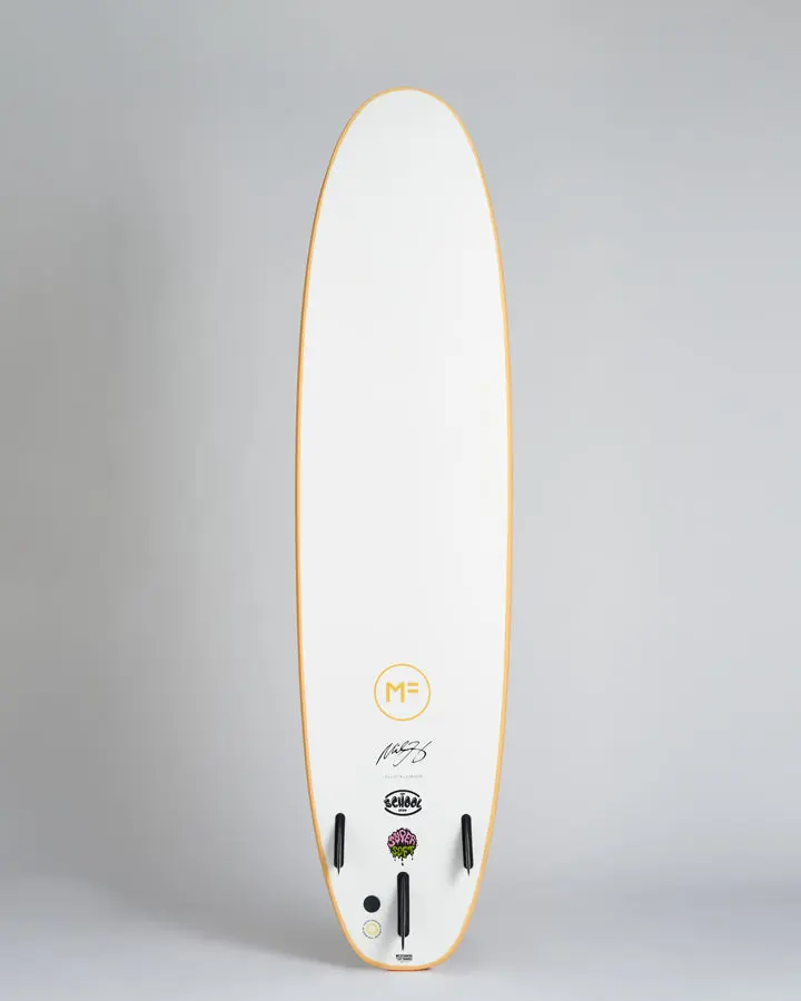 MF surf school super soft surfboard orange underneath.webp